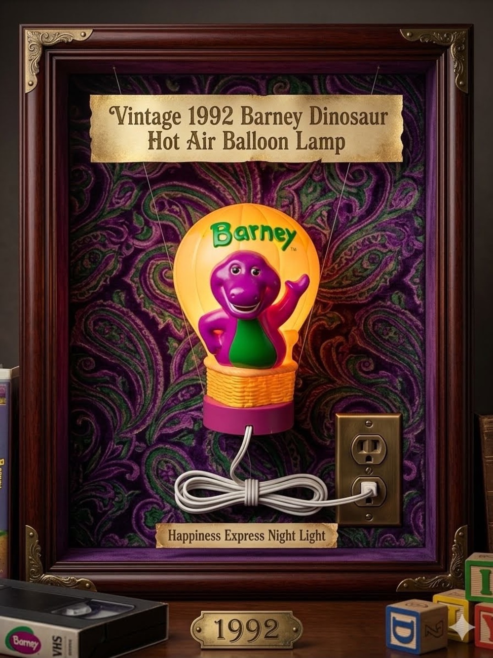 Vintage 1992 Barney Dinosaur Hot Air Balloon Lamp Happiness Express Night Light